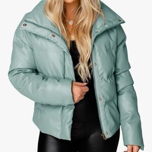Women's Teal Faux Leather Puffer Jacket